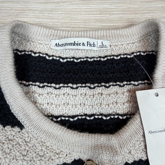 Abercrombie & Fitch Women Sz L Striped Textured Cardigan Cream Black Gold‎ New - Picture 3 of 7